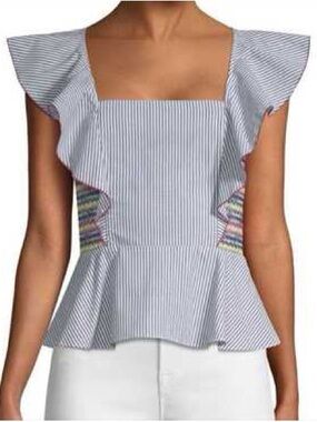 PARKER Striped Square-Neck Peplum Top with Ruffle Shoulders - Blue Size Medium